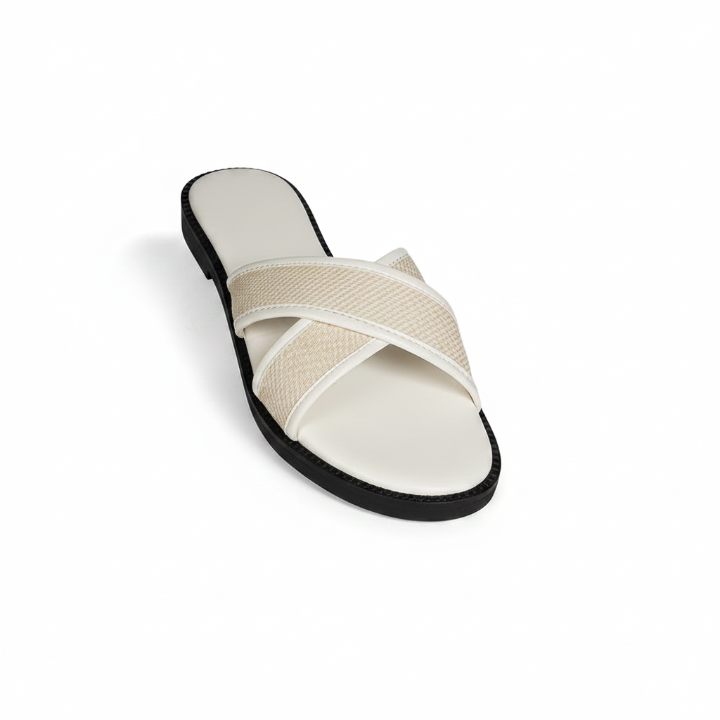 Raffia Cross Strap Slide Top View with Black Outsole