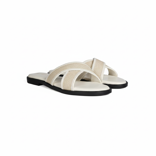 Raffia Cross Strap Slides with Black Outsole